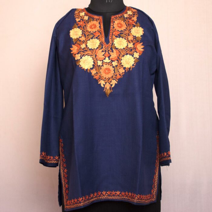 Dark Blue Bodh Posh Ruby Cotton Aari Short Kurti