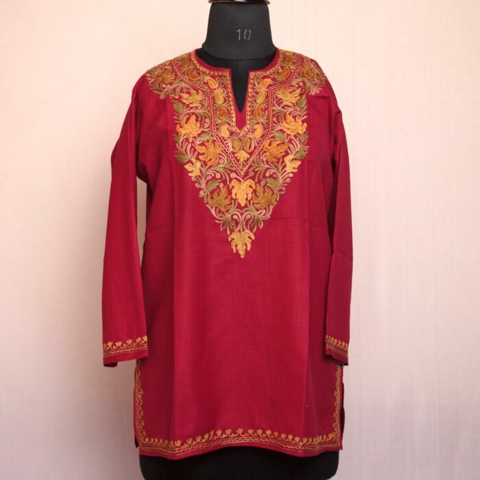 Red Chinari Ruby Cotton Aari Short Kurti