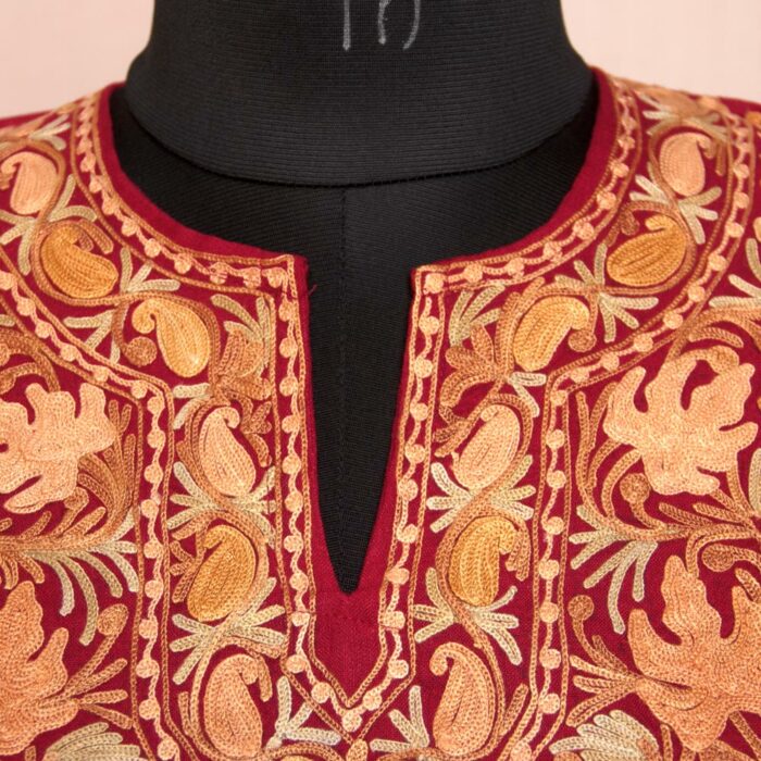 Red Harud Chinar Ruby Cotton Aari Short Kurti - Image 2