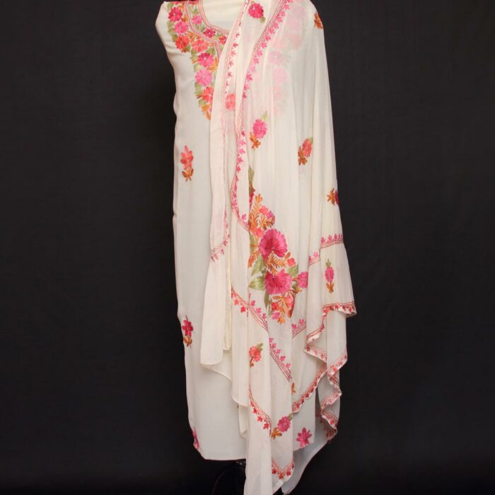 Cream White Shahi Georgette 3Pc Suit With Aari Work