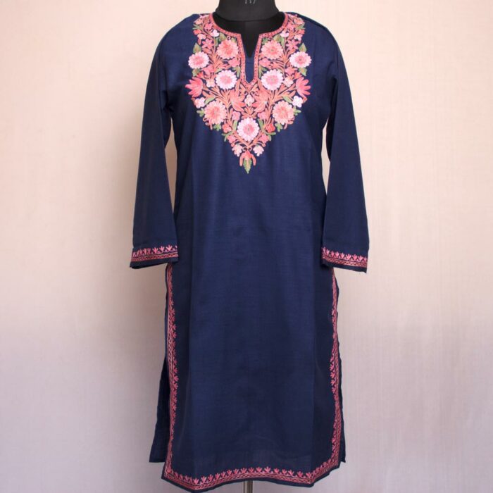 Dark Blue Bodh Posh Ruby Cotton Aari Kurta - Image 2