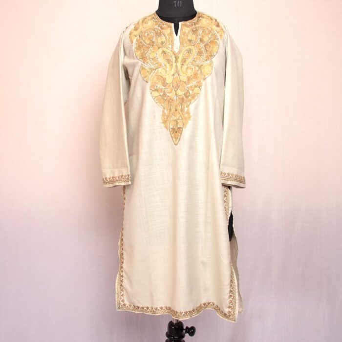 Light Khaki Green Ruby Cotton Aari Kurta - Image 2