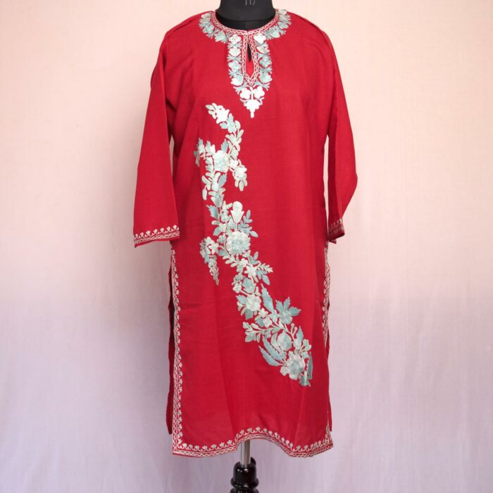 Red Floral Summer Cool Cotton Aari Kurta - Image 3