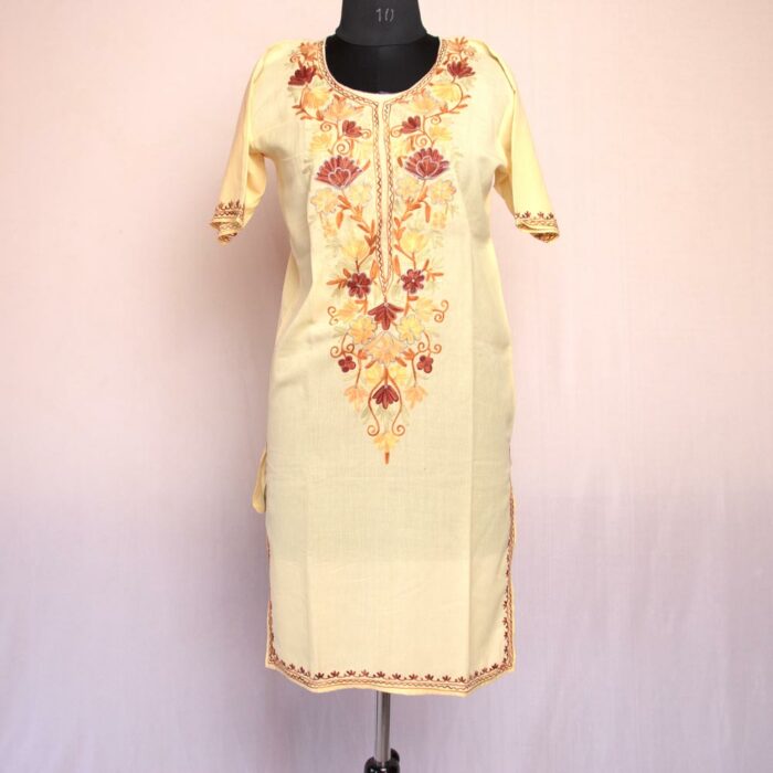 Light Yellow Half Sleeve Summer Cool Cotton Aari Kurta - Image 2
