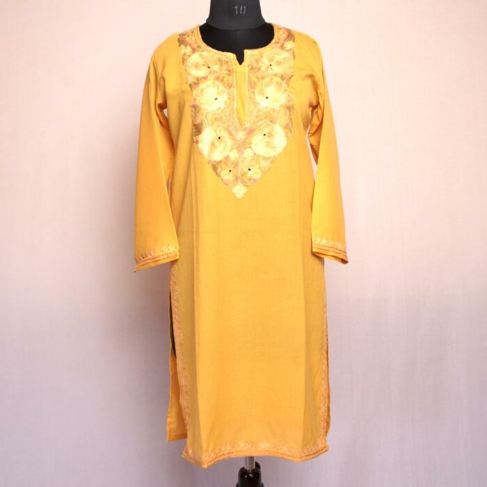 Light Mustard Summer Cool Cotton Aari Kurta - Image 2