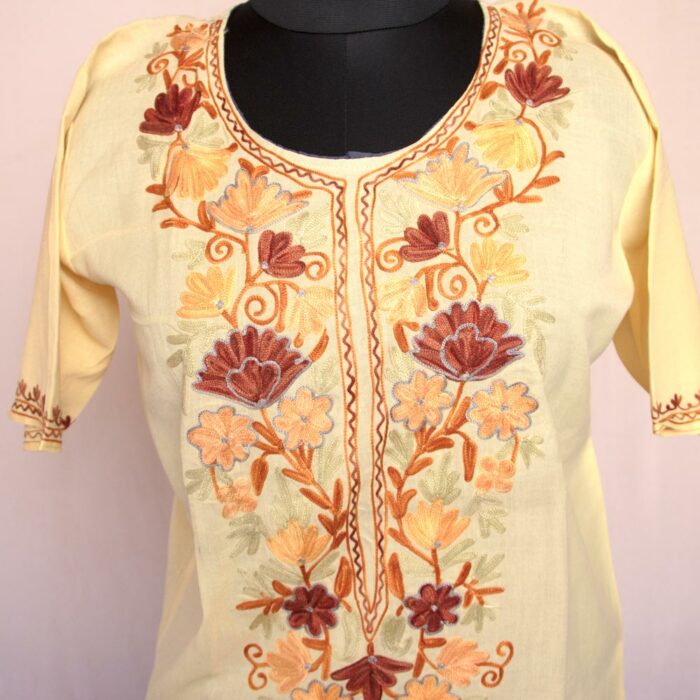 Light Yellow Half Sleeve Summer Cool Cotton Aari Kurta