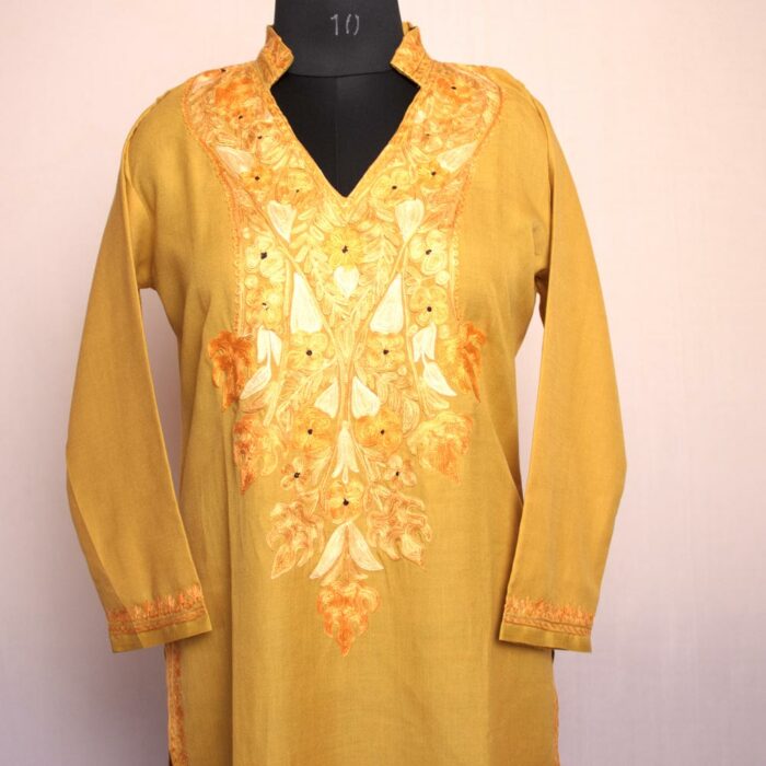 Light Mustard Ruby Cotton Aari Kurta