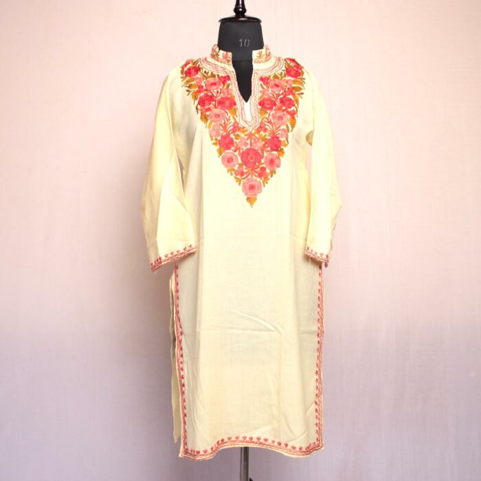 Light Yellow Summer Cool Cotton Aari Kurta - Image 2
