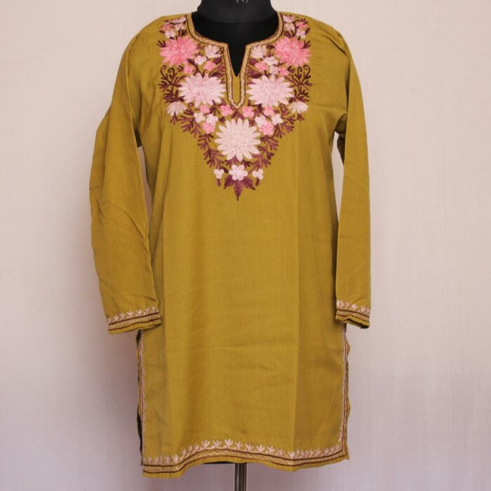 Greenish Mustard Summer Cool Cotton Aari Short Kurta