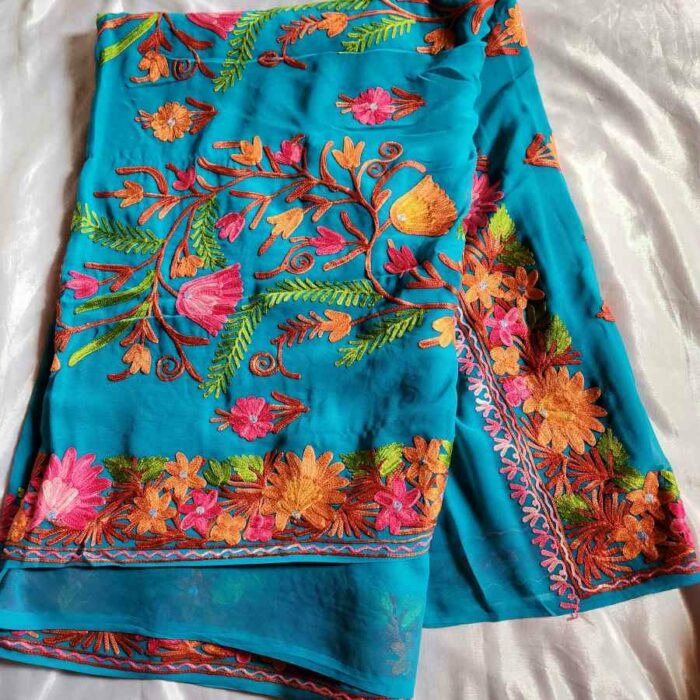 Teal Green Blue Georgette Embroidered Saree