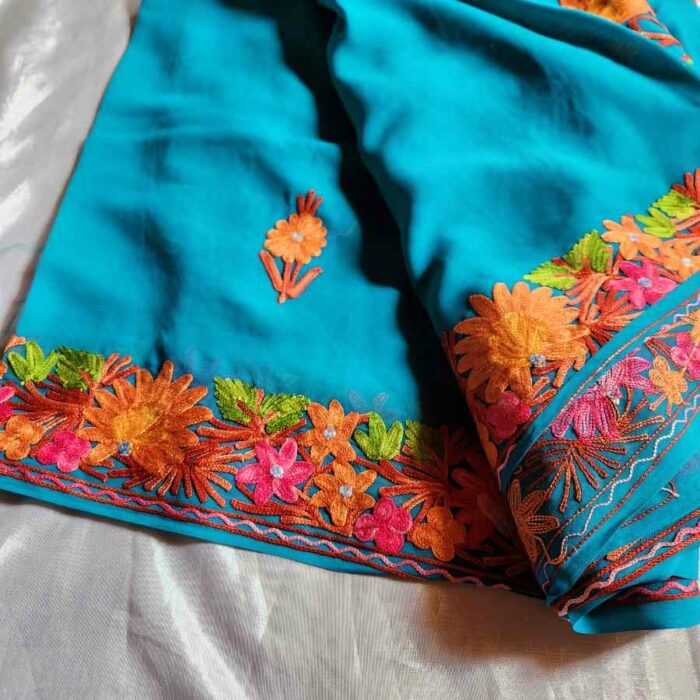 Teal Green Blue Georgette Embroidered Saree - Image 3