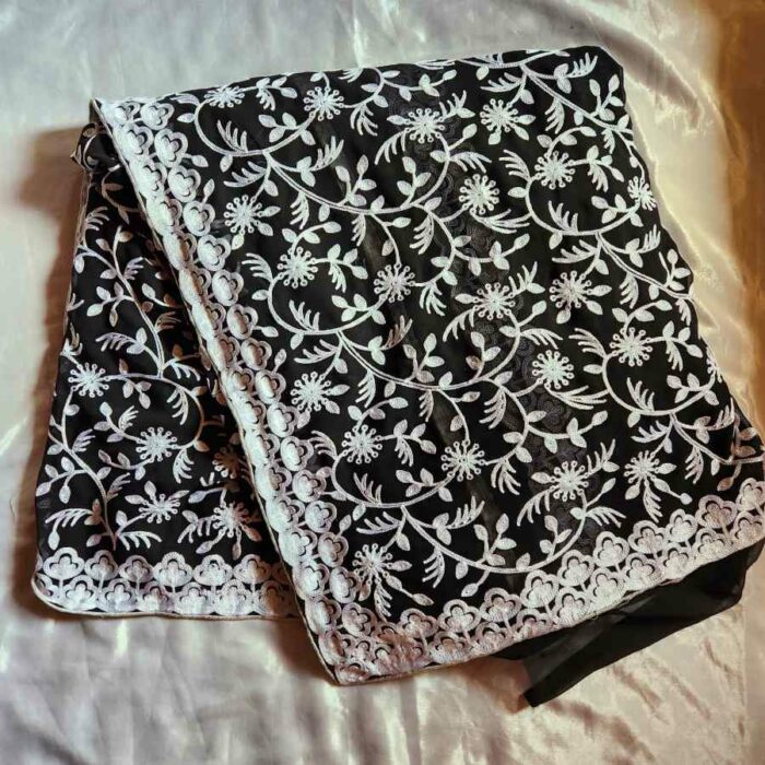 Black White Georgette All over Aari Embroidered Saree
