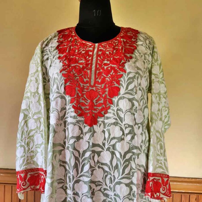 Sea Green Red Georgette Kurta With All Over Aari - Image 3