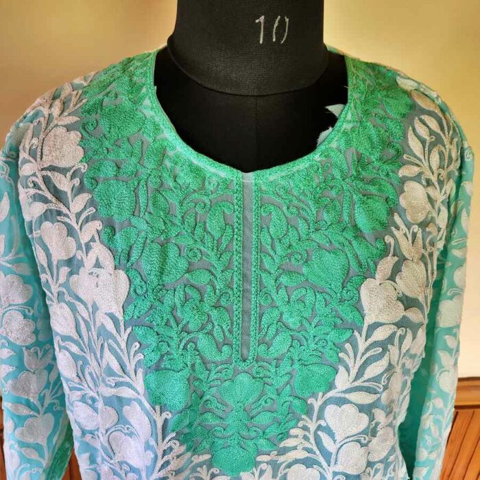 Bluish Green Georgette Kurta With All Over Aari - Image 4