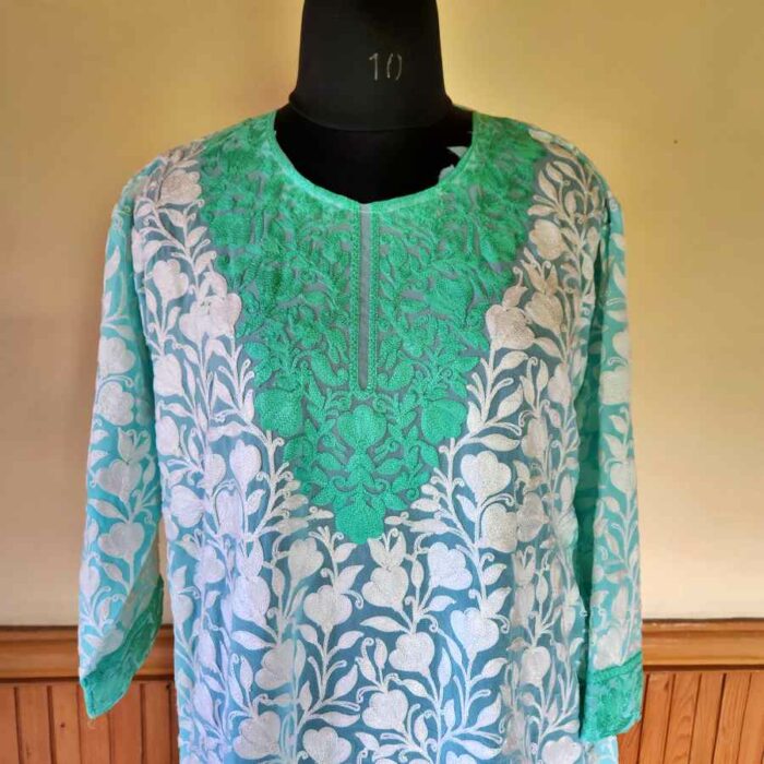 Bluish Green Georgette Kurta With All Over Aari - Image 3