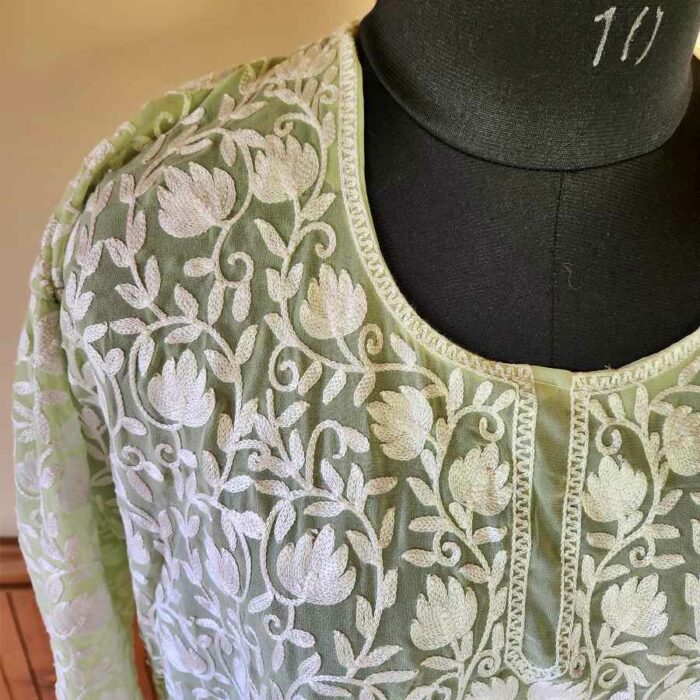 Pastel Green Georgette All Over Aari Kurta - Image 3