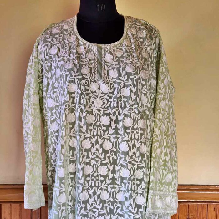 Pastel Green Georgette All Over Aari Kurta - Image 5
