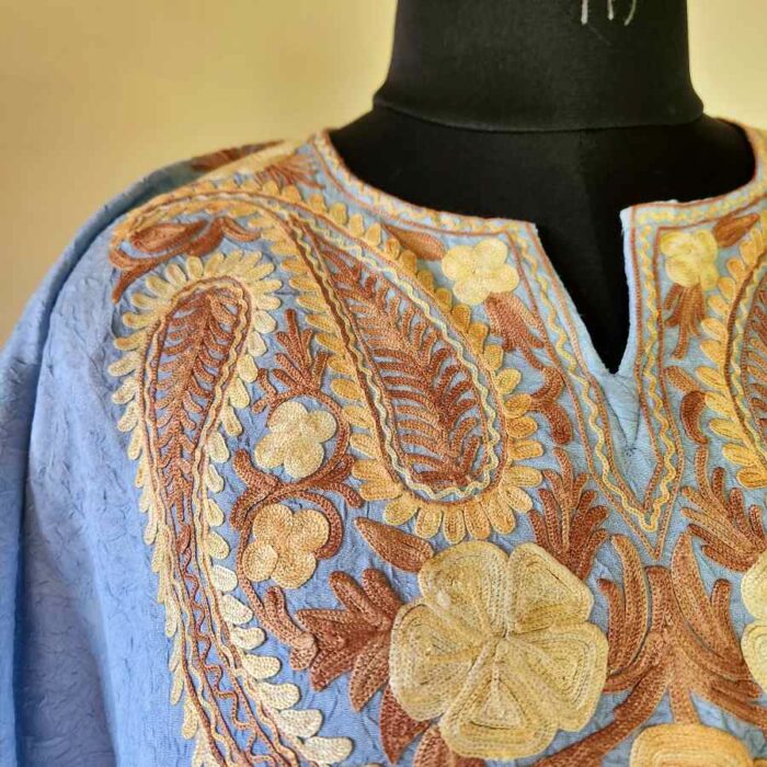 Poweder Blue Badam Crush Cotton Aari Work Kaftan L44