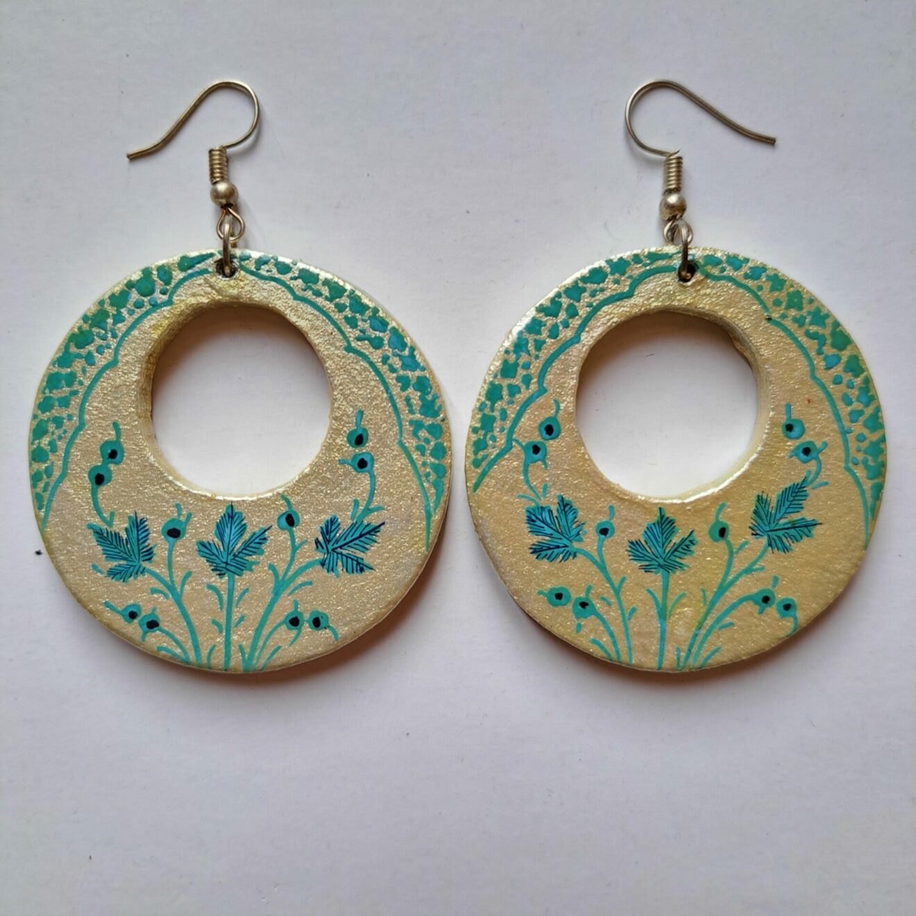 Golden Circle Sea Green Chinar Paper Mache Earrings