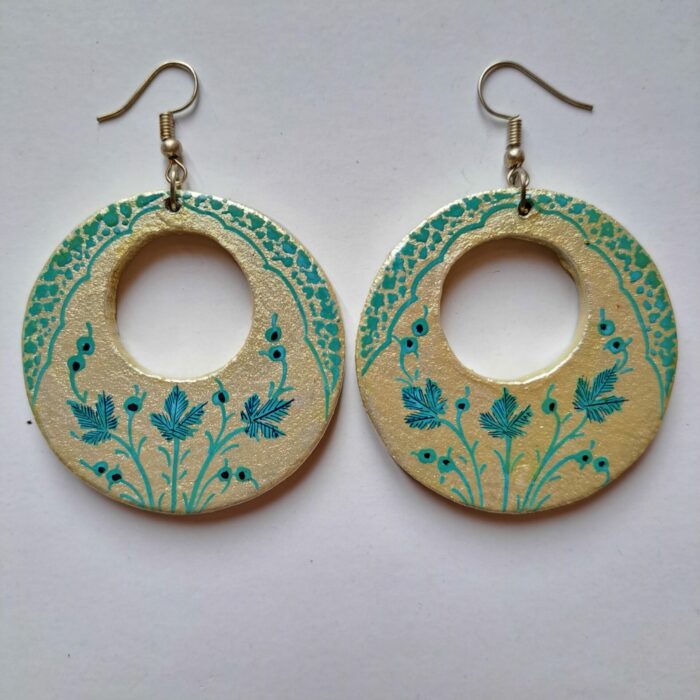 Golden Circle Sea Green Chinar Paper Mache Earrings