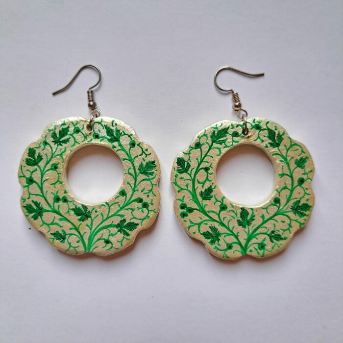Golden Flower Shape Green Chinar Paper Mache Earrings