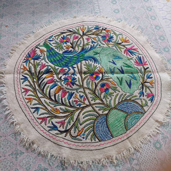 Peacock Round Namda 5ft Handmade Pure Wool Aari Embroidered Rug