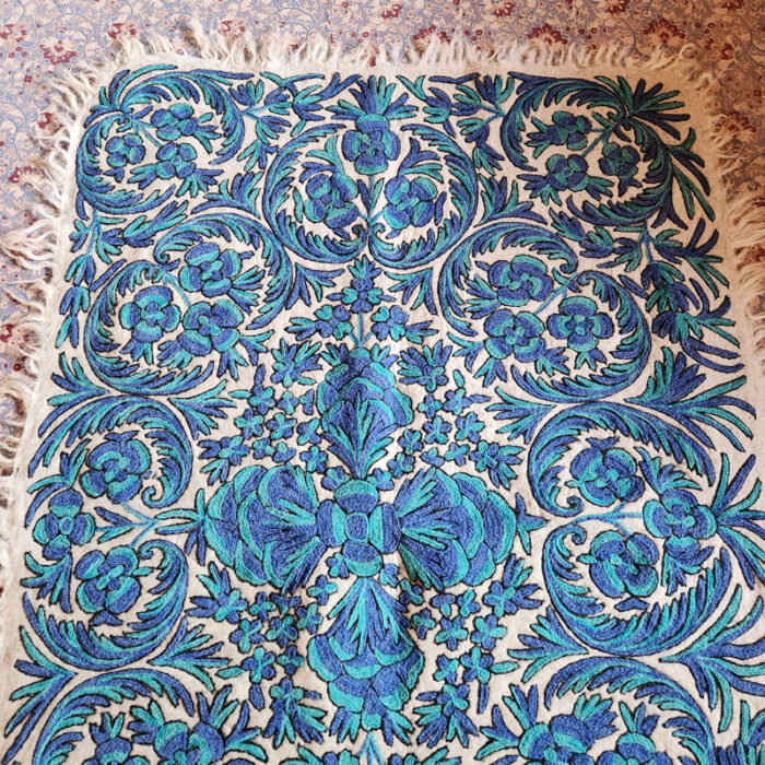 Blue White Namda Rug 6×4Ft Pure Wool Double Work Handmade Aari Embroidered - Image 2