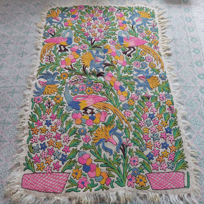 Flora Fauna Namda Rug 6×4Ft Pure Wool Handmade Double Work Aari Embroidered