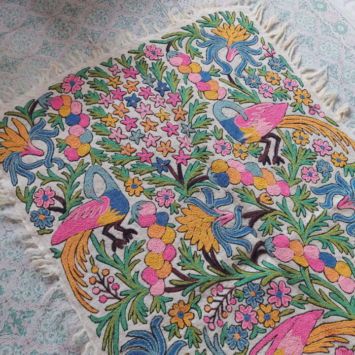 Flora Fauna Namda Rug 6×4Ft Pure Wool Handmade Double Work Aari Embroidered - Image 3