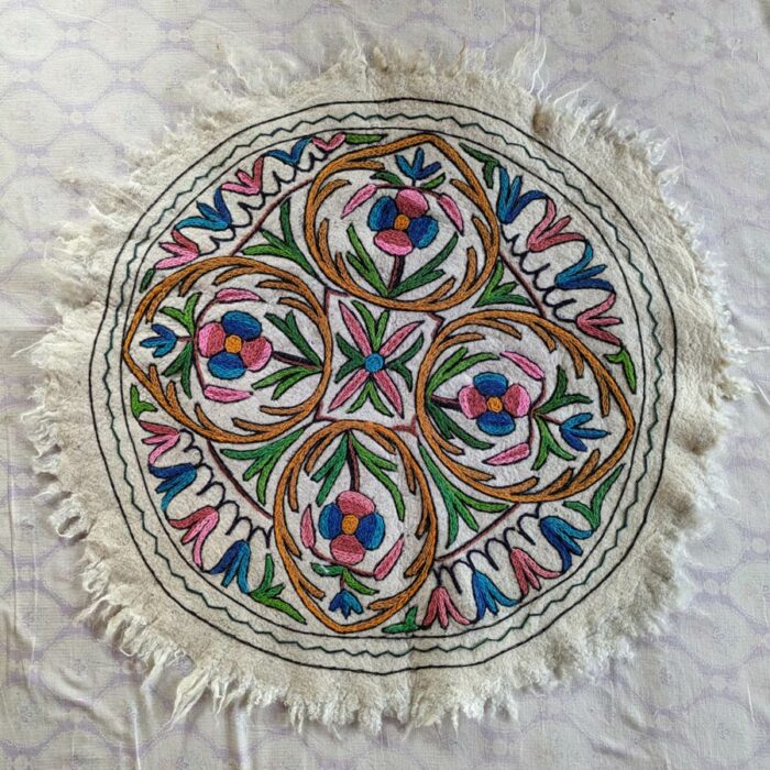 3ft Bloom Round Handmade Pure Wool Aari Embroidered Namda Rug
