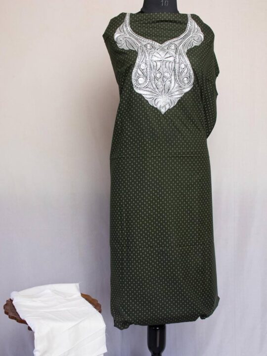 Dark Green Printed Rayon Cotton 3pc Suit with Tilla Work