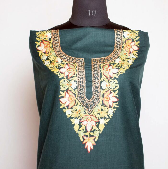 Dark Green Ruby Cotton 2pc Suit with Aari And Tilla Work