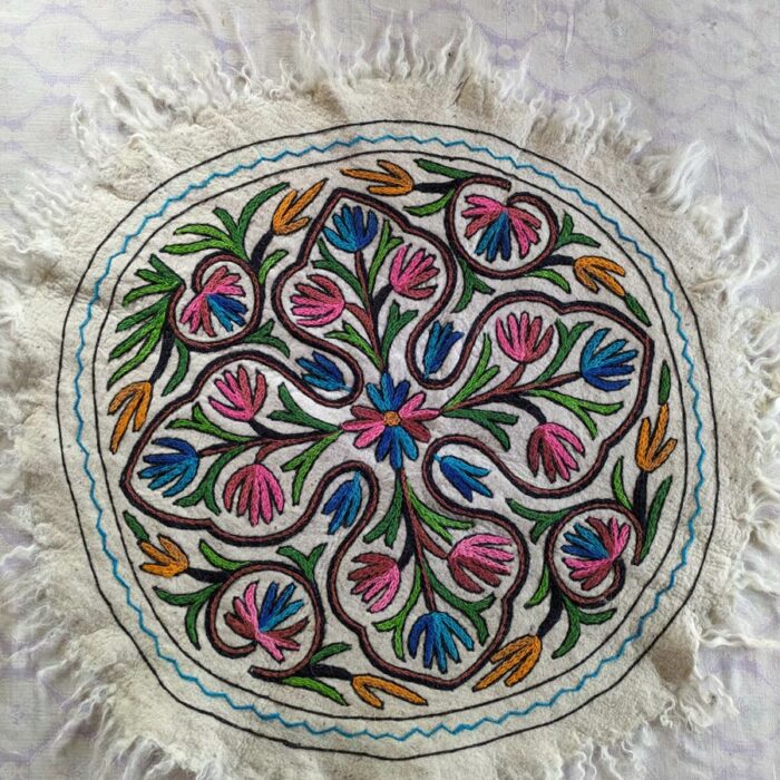 Tabruk 3ft Round Handmade Pure Wool Aari Embroidered Namda Rug