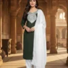 Dark Green Printed Rayon Cotton 3pc Suit Fabric with Tilla Work