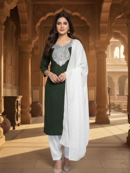 Dark Green Printed Rayon Cotton 3pc Suit Fabric with Tilla Work