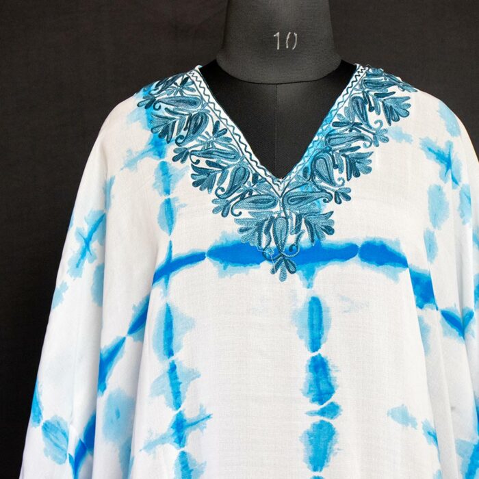 White Blue Crepe Aari Work Kaftan Top L49