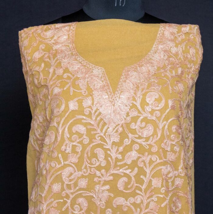 Light Mustardish Yellow Crush Cotton 2pc Suit with Jali Aari Work