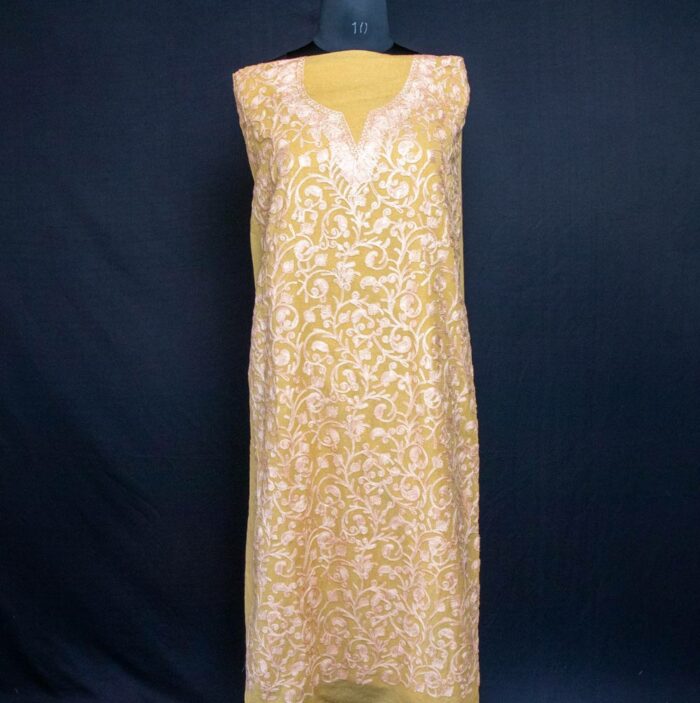 Light Mustardish Yellow Crush Cotton 2pc Suit with Jali Aari Work - Image 2