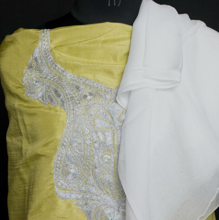 Lime & White Silk 3pc Suit with Tilla Work - Image 2
