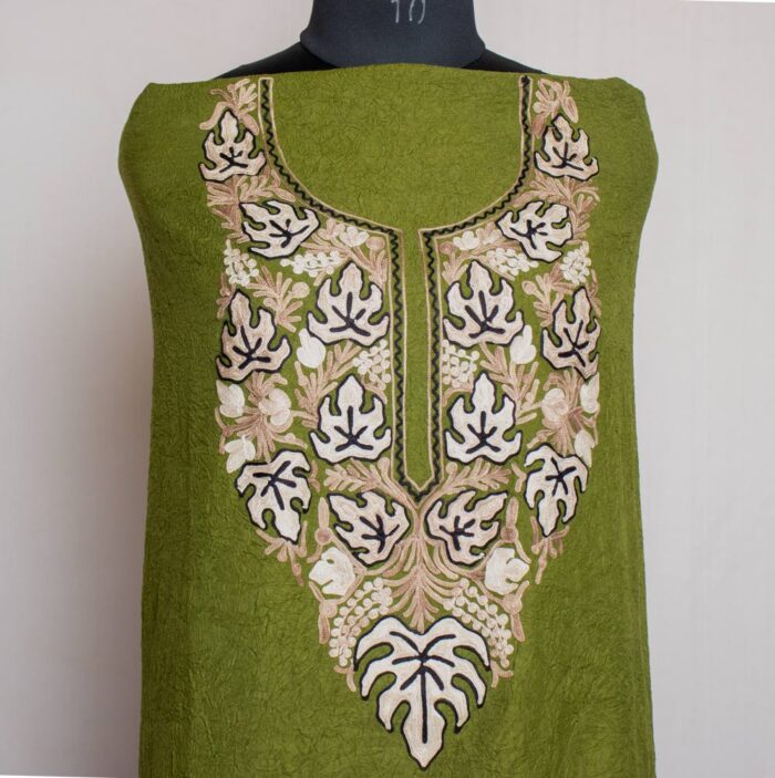 Mehndi Green Crush Cotton 2pc Suit with Aari Work