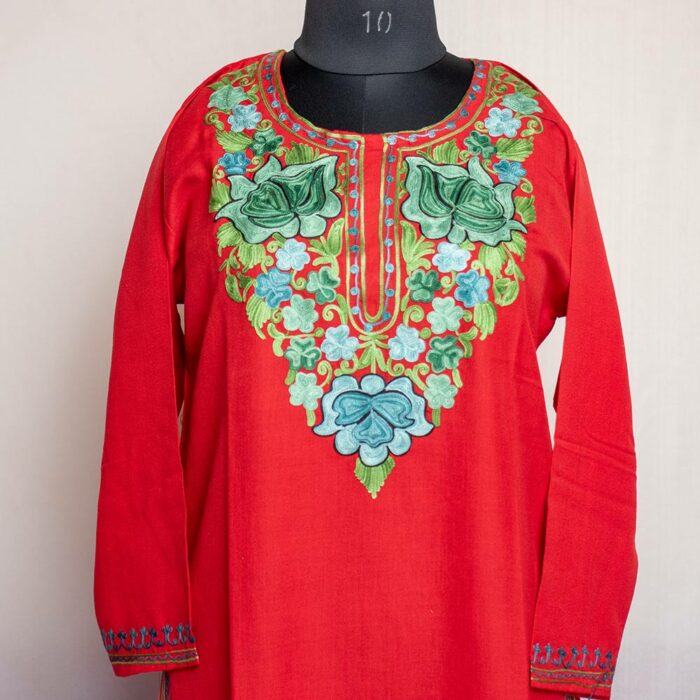 Red Floral Ruby Cotton Aari Kurta