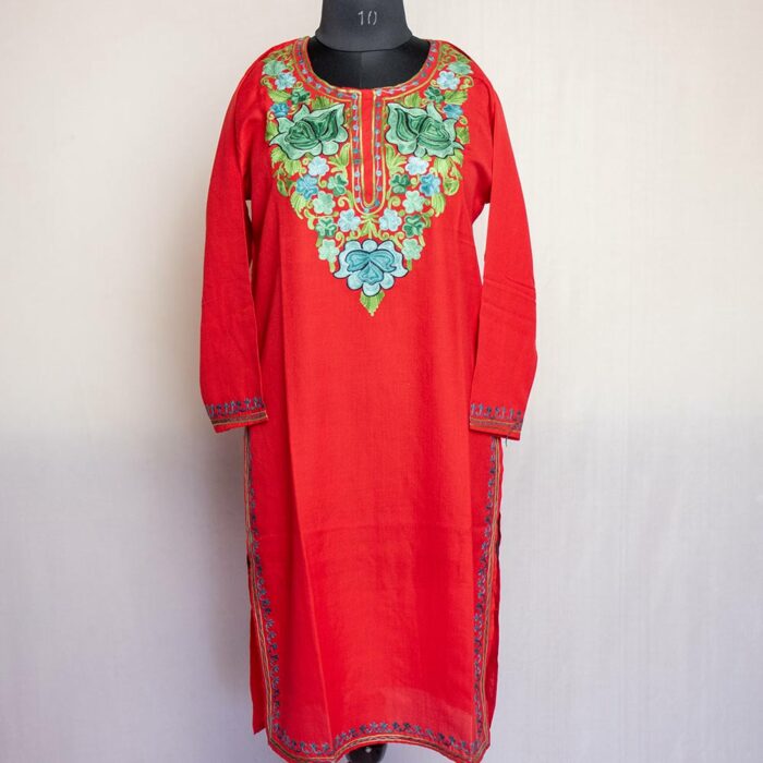 Red Floral Ruby Cotton Aari Kurta - Image 2