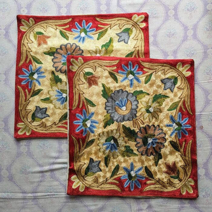 Floral Chainstitch Cushion Cover 16×16 (Pair)