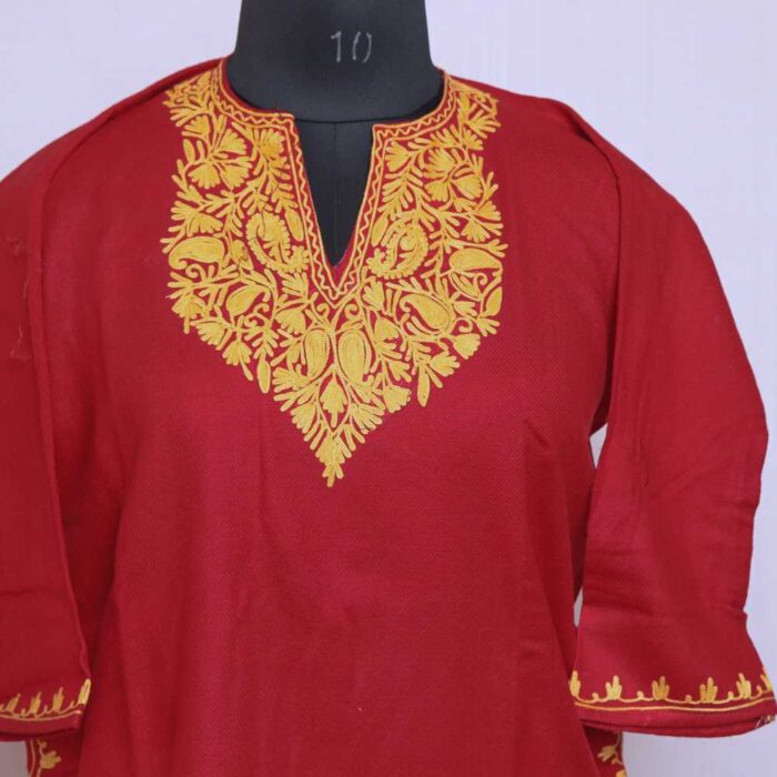 Red with Mustard Emb Cashmilon Girls Pheran/Short Kurta (L30) - Image 2