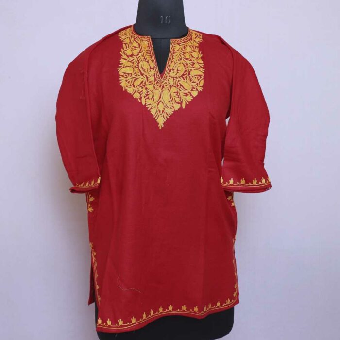 Red with Mustard Emb Cashmilon Girls Pheran/Short Kurta (L30)