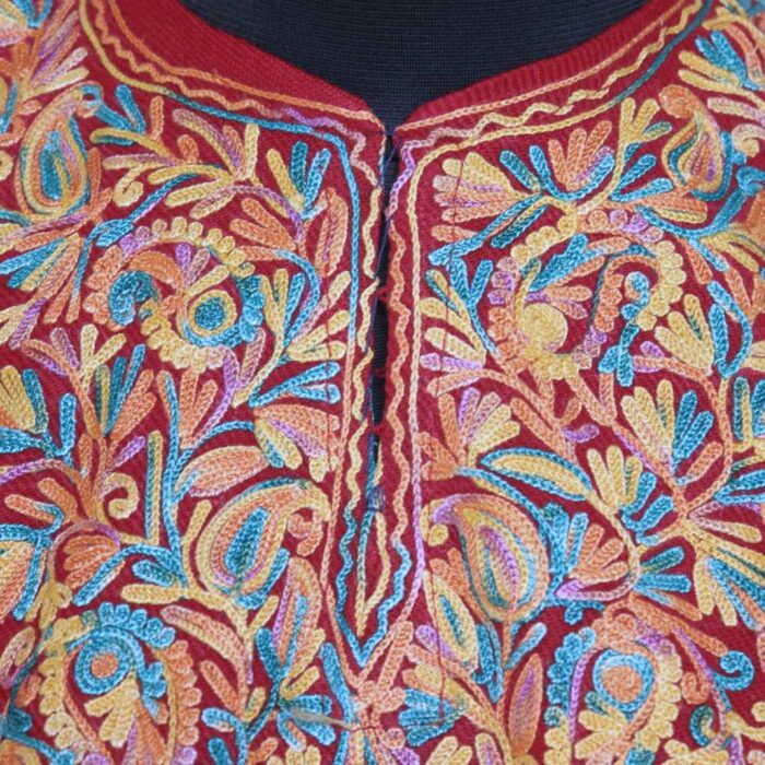 Red with Multi Emb Cashmilon Traditional Kids Ari Pheran (L30) - Image 3