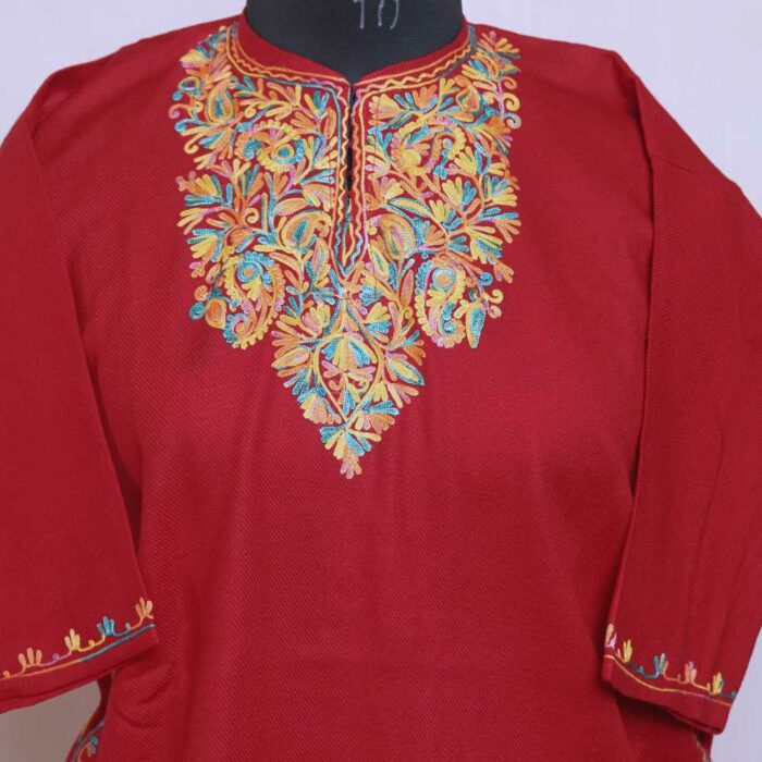Red with Multi Emb Cashmilon Traditional Kids Ari Pheran (L30) - Image 2