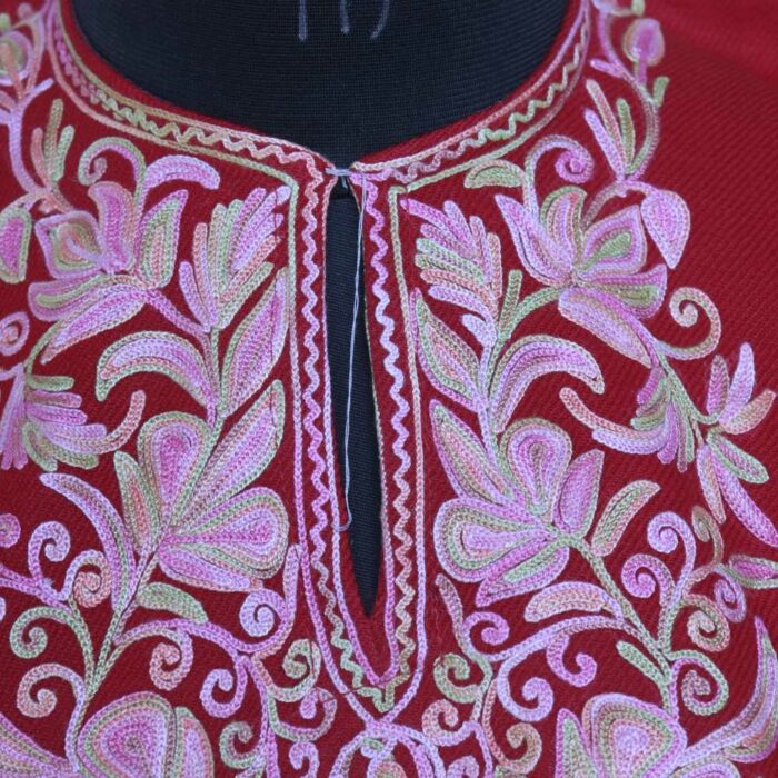 Red with Pink Emb Cashmilon Girls Pheran/Short Kurta  (L30) - Image 3
