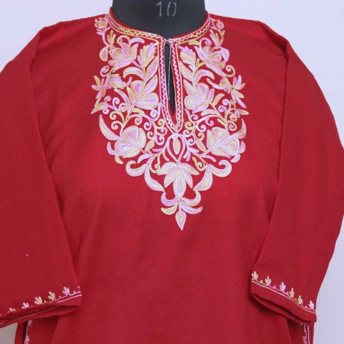 Red with Pink Emb Cashmilon Girls Pheran/Short Kurta  (L30) - Image 2