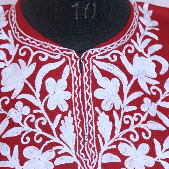 Red with White Emb Cashmilon Traditional Girls Ari Pheran/Short Kurta (L30) - Image 3